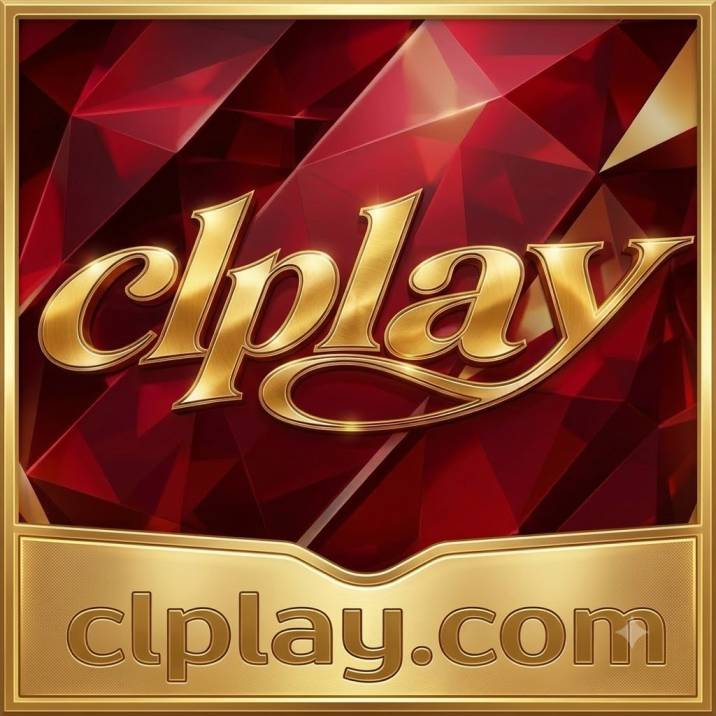 Red ruby crystal background ke saath golden cursive lettering mein 'clplay' aur neeche golden metallic border par 'clplay.com' likha hua logo design.