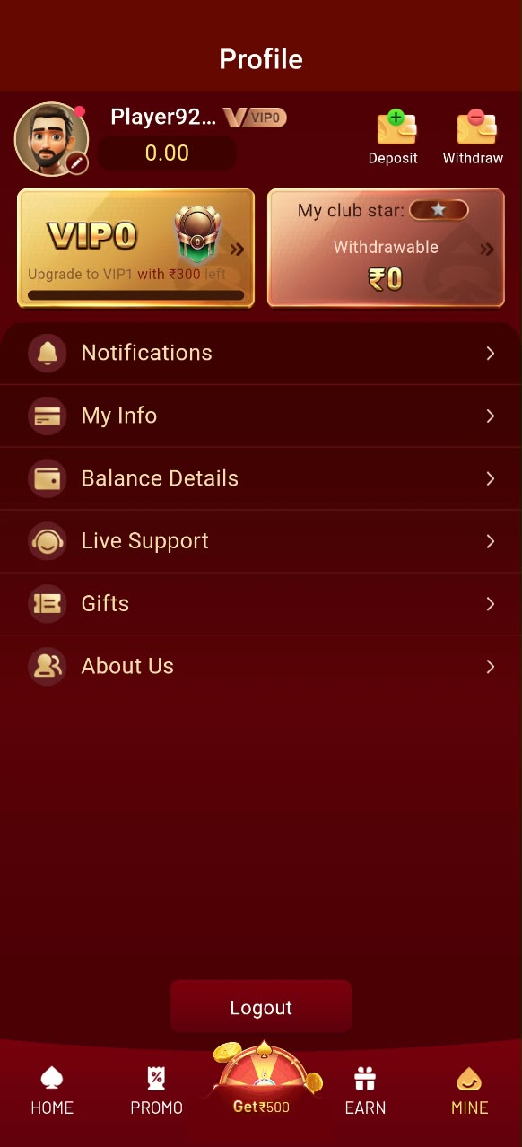 Clplay app user profile menu page jisme VIP0 level, balance, deposit, withdraw, aur live support options dikhai de rahe hain